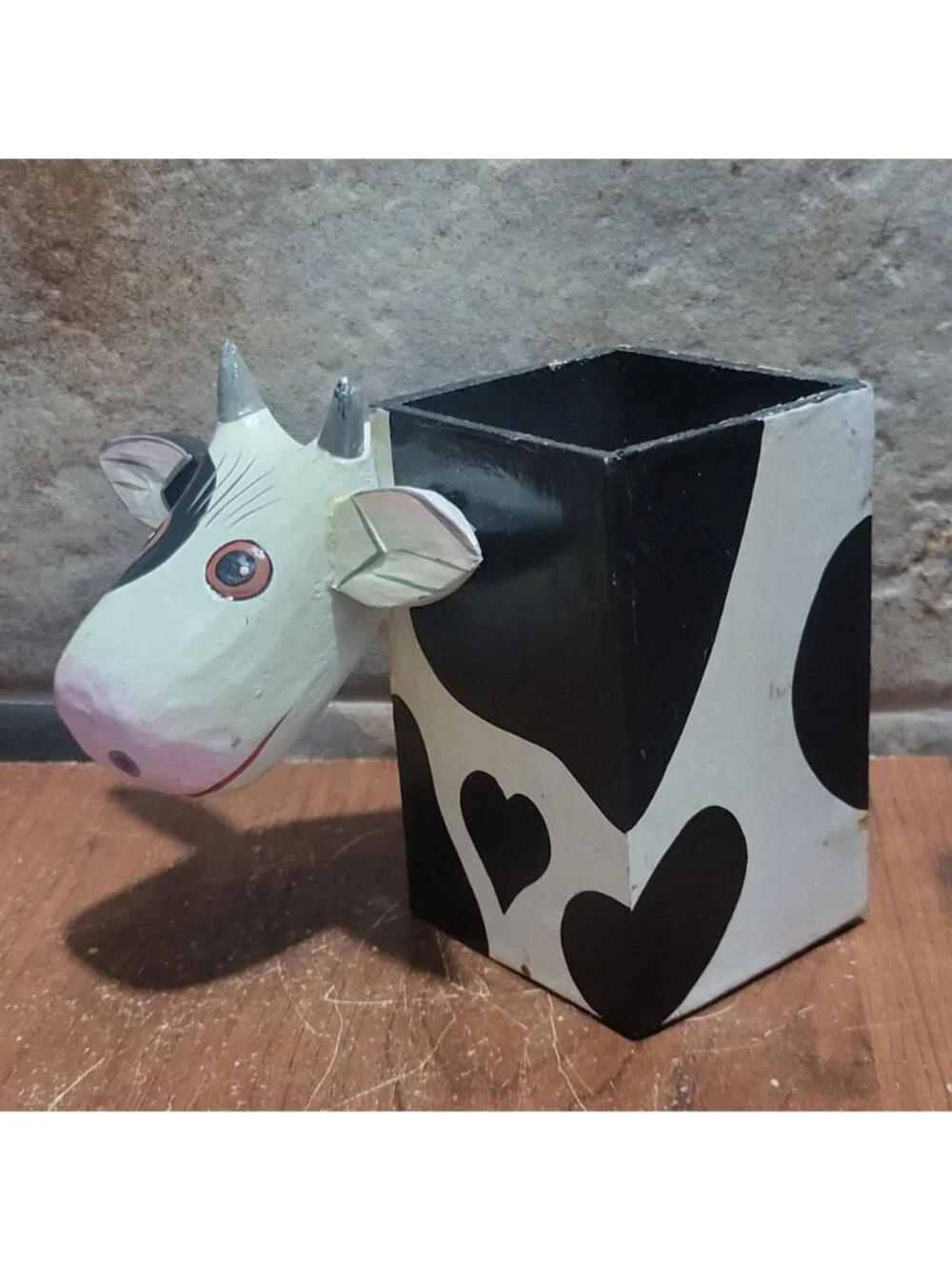 Vintage Wooden Cow Pencil Holder Black White Desk Organizer Decorative Box